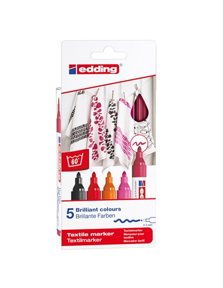 Astuccio 5 colori caldi per tessuto punta 2,0-3,0mm 4500 Edding E-4500/5S-999 EDDING SPECIALI (CD-VETRO-TESSUTI-ECC.)