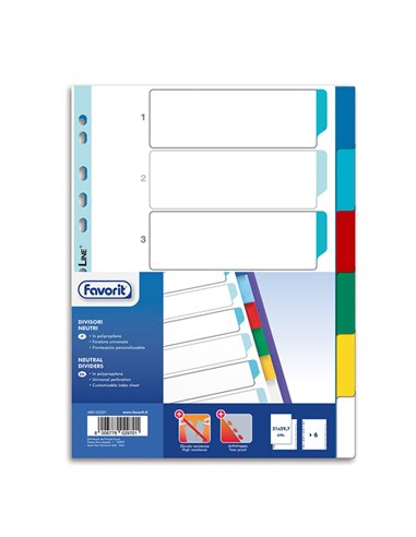 Divisori neturi PP A4 6 tacche col. Ass. Favorit 400132501 FAVORIT DIVISORI-SEPARATORI CON TASTI NEUTRI