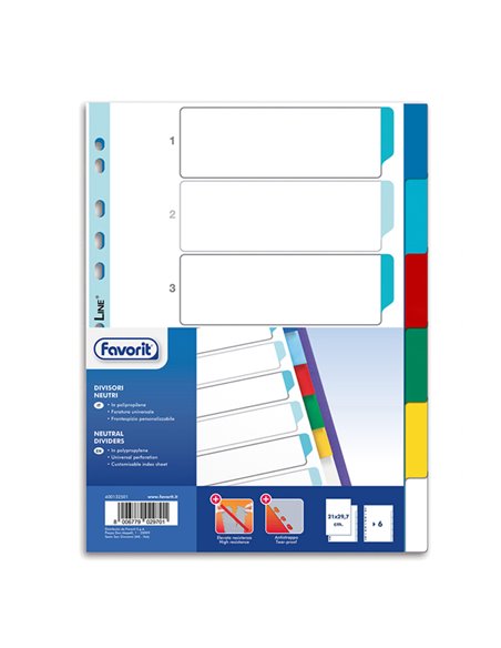 Divisori neturi PP A4 6 tacche col. Ass. Favorit 400132501 FAVORIT DIVISORI-SEPARATORI CON TASTI NEUTRI