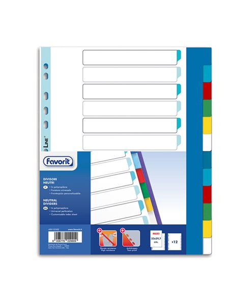 Divisori neturi PP A4maxi 12 tacche col. Ass. Favorit 400132502 FAVORIT DIVISORI-SEPARATORI CON TASTI NEUTRI