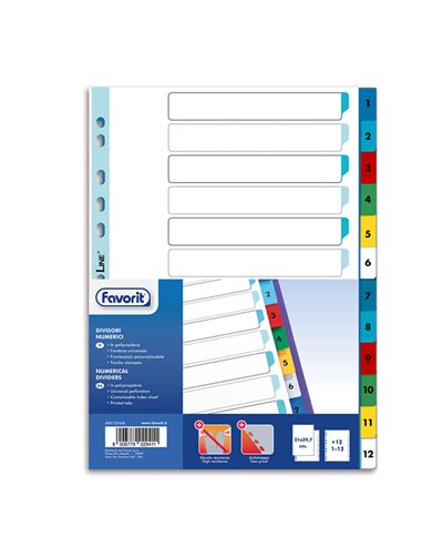 Divisori numerici PP A4 12 tacche col. Ass. Favorit 400132468 FAVORIT DIVISORI-SEPARATORI CON TASTI STAMPATI