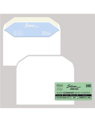 500 buste SILVER MATIC 80 FSC® gommata bianca s/finestra 110x230mm 80gr Pigna En 0388763AM