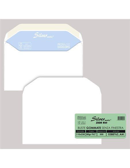 500 buste SILVER MATIC 80 FSC® gommata bianca s/finestra 110x230mm 80gr Pigna En 0388763AM