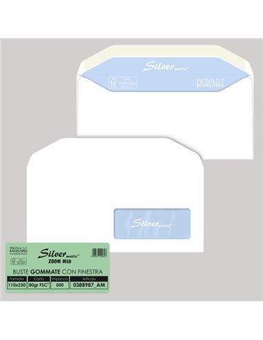 500 buste SILVER MATIC LUX FSC® gommata bianca c/finestra 110x230mm 80gr Pigna E 0388987AM