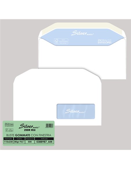 500 buste SILVER MATIC LUX FSC® gommata bianca c/finestra 110x230mm 80gr Pigna E 0388987AM