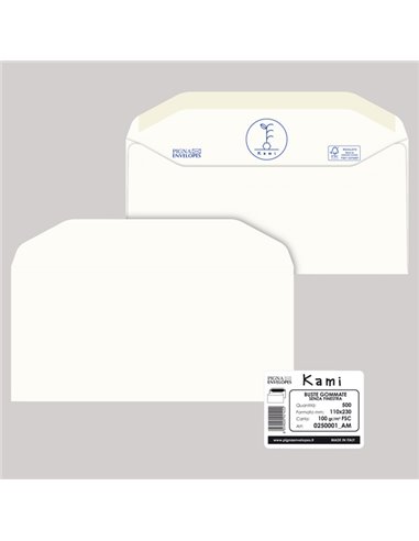500 busteKAMI GOMMATE bianca carta riciclataFSC®s/finestra 110x230mm 100gr Pigna 0250001AM
