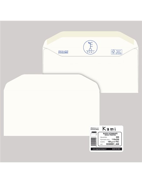 500 busteKAMI GOMMATE bianca carta riciclataFSC®s/finestra 110x230mm 100gr Pigna 0250001AM