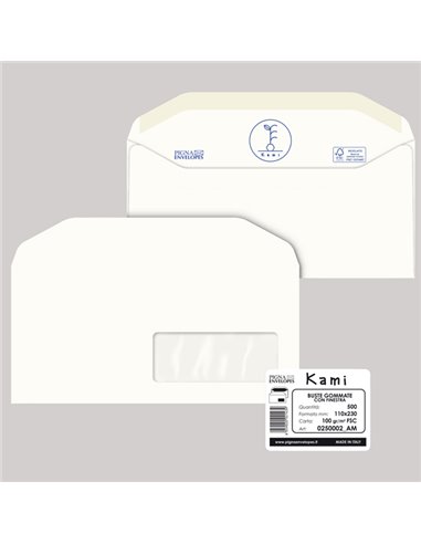 500 busteKAMI GOMMATE bianca carta riciclata FSC®c/finestra110x230mm 100gr Pigna 0250002AM
