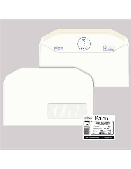 500 busteKAMI GOMMATE bianca carta riciclata FSC®c/finestra110x230mm 100gr Pigna 0250002AM