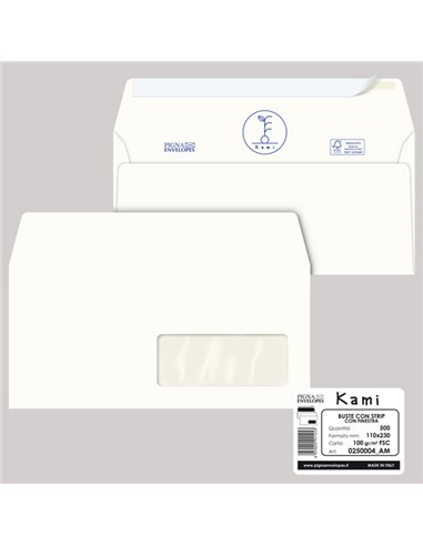 500 buste KAMI STRIP bianca carta riciclata FSC c/finestra 110x230mm 100gr Pigna 0250004AM