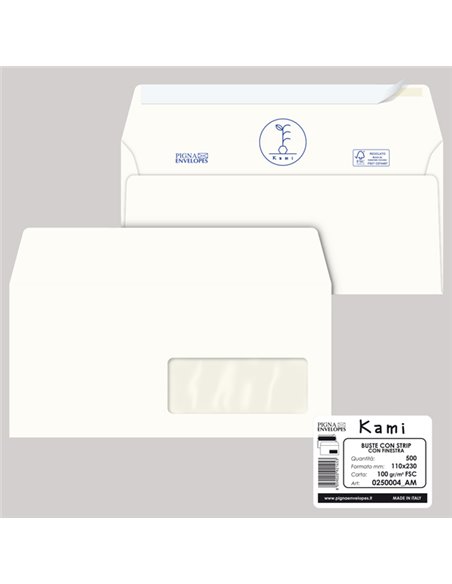 500 buste KAMI STRIP bianca carta riciclata FSC c/finestra 110x230mm 100gr Pigna 0250004AM