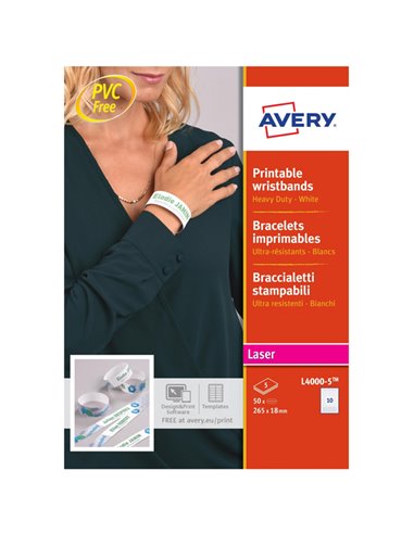 Braccialetti identificativi Bianco 5fg A4 265x18mm (10et/fg) laser Avery L4000-5 AVERY PORTABADGE E ACCESSORI