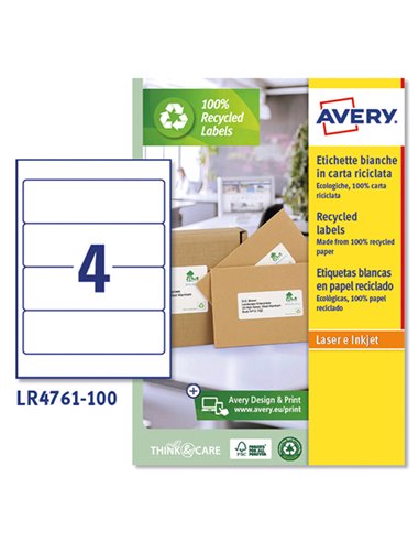 Etichette carta riciclata bianca per raccoglitori-61x192mm - 4et/fg Laser Avery LR4761-100