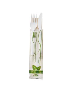 250 Bis Coltello e forchetta in CPLA bianco con tovagliolo Leone Q2048.S