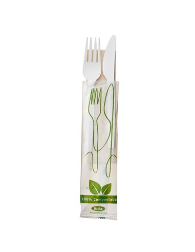 250 Bis Coltello e forchetta in CPLA bianco con tovagliolo Leone Q2048.S