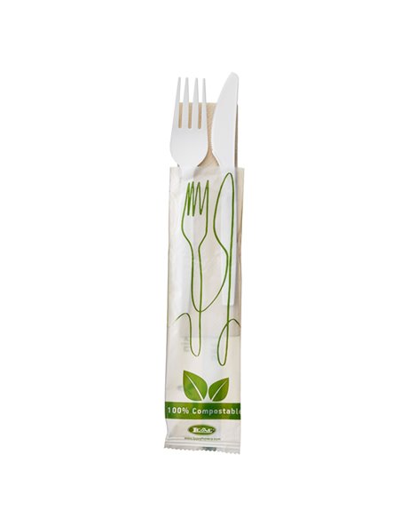 250 Bis Coltello e forchetta in CPLA bianco con tovagliolo Leone Q2048.S