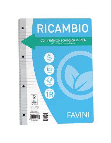 Ricambi c/rinforzo ecologico f.to A4 100gr 40fg 1 rigo Favini A477404 FAVINI RICAMBI FORATI
