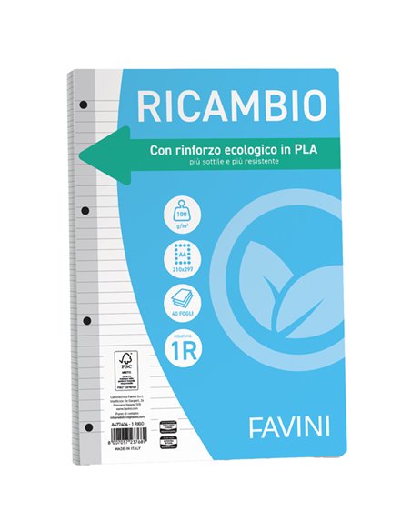 Ricambi c/rinforzo ecologico f.to A4 100gr 40fg 1 rigo Favini A477404 FAVINI RICAMBI FORATI