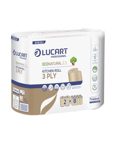 Pacco 2 rotoli Asciugatutto 200 strappi EcoNatural 2.3 Lucart Plastic Free 821639J Lucart BOBINE ASCIUGATUTTO INDUSTRIALI