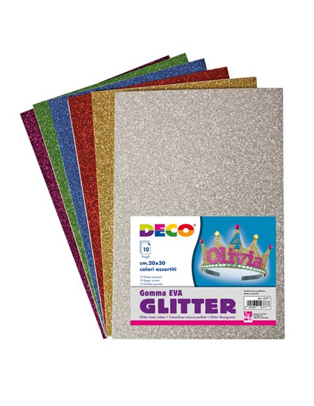 Busta 10 fogli Gomma Crepp Glitter 20x30cm colori assortiti DECO 12377 DECO ACCESSORI DIDATTICI E LAVORI MANUALI