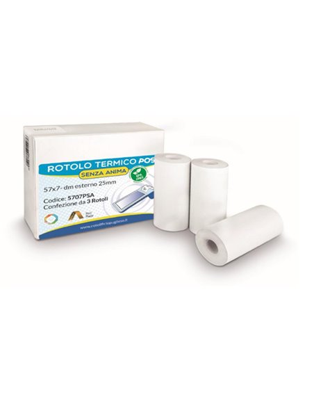 Blister 3 rotoli carta termica 55gr BPA free 57mm x 7mt senza anima x POS 5707PSA