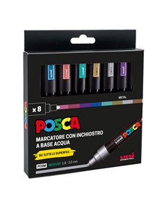 Astuccio 8 marcatore Uni Posca PC5M p.media 1,8-2,5mm col.ass. metal UNI M PC5MM 8P UNI MITSUBISHI A BASE D'ACQUA
