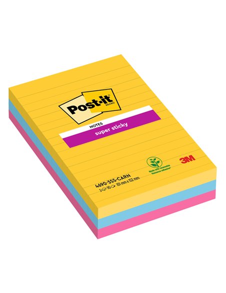Cf.3pz blocco 90fg. Post-it®Super Sticky RIGHE 101x152mm 4690-3SS-CARN Carnival 7100234250