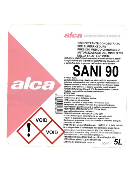Disinfettante concentrato battericida e fungicida SANI90 Tanica 5Lt Alca ALC1209 ALCA DETERGENTI-DETERSIVI PER PULIZIA