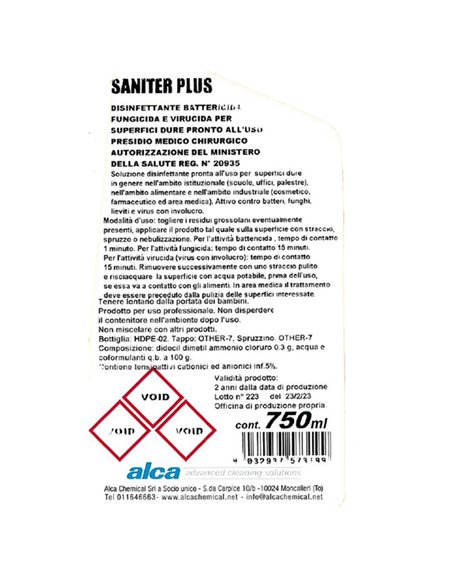 Sgrassante Saniter Plus 750ml Presidio medico chirurgico Alca ALC1206 ALCA DETERGENTI-DETERSIVI PER PULIZIA