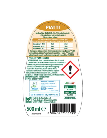 Detersivo piatti concentrato Limone ipoallergenico 0,50Lt Linea Eco Ready 160607006399
