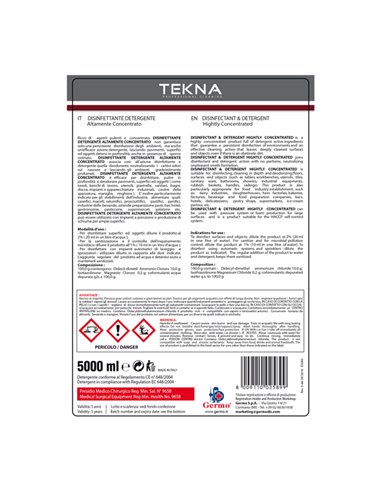 Disinfettante detergente per superfici super concentrato 5lt Tekna K008 Tekna DETERGENTI-DETERSIVI PER PULIZIA