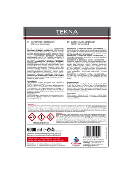 Disinfettante detergente per superfici super concentrato 5lt Tekna K008 Tekna DETERGENTI-DETERSIVI PER PULIZIA