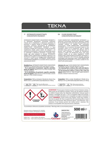 Disinfettante detergente pavimenti concentrato profumato 5lt Tekna K006 Tekna DETERGENTI-DETERSIVI PER PULIZIA