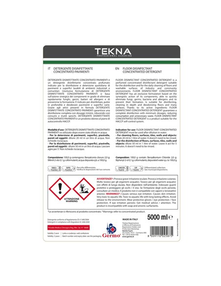 Disinfettante detergente pavimenti concentrato profumato 5lt Tekna K006 Tekna DETERGENTI-DETERSIVI PER PULIZIA