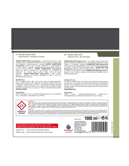 Sapone disinfettante senza profumo con dispenser 1lt Tekna K014