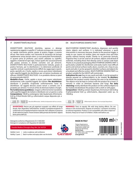 Disinfettante multiuso senza risciacquo non profumato 1lt Tekna K012 Tekna DETERGENTI-DETERSIVI PER PULIZIA