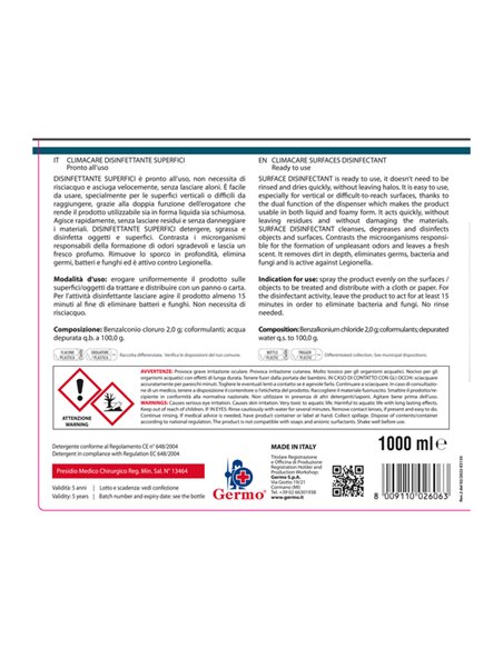 Detergente disinfettante pronto all’uso per climatizzatori 1l Climacare Tekna K020