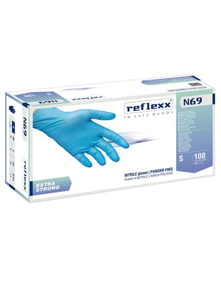 Conf 100 Guanti In Nitrile N69 taglia S azzurri EXTRAstrong Reflexx N69/S(7) Reflexx GUANTI DI PROTEZIONE
