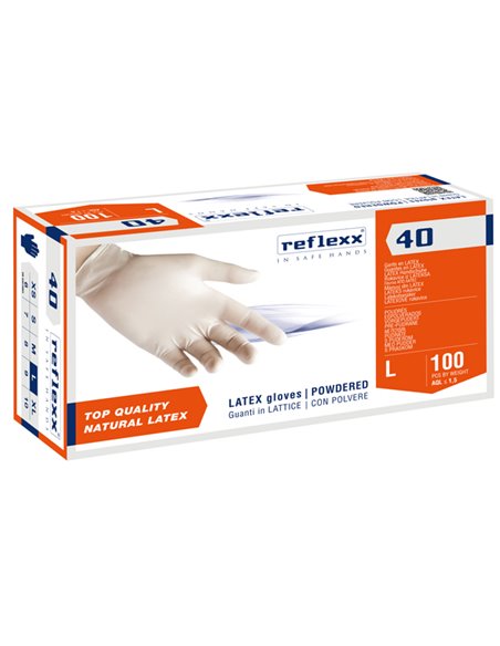 Conf 100 Guanti In lattice c/polvere R40 taglia L bianchi Reflexx R40/L(9) Reflexx GUANTI DI PROTEZIONE