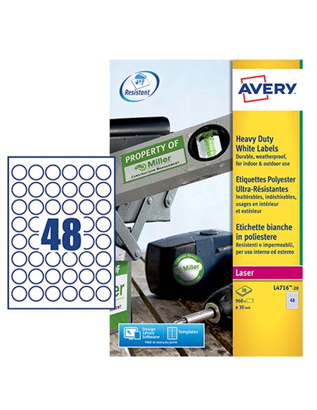 Poliestere adesivo L4716 bianco 20fg A4 Ø 30mm (48et/fg) laser Avery L4716-20 AVERY ETICHETTE POLIESTERE COPY-LASER-INKJET