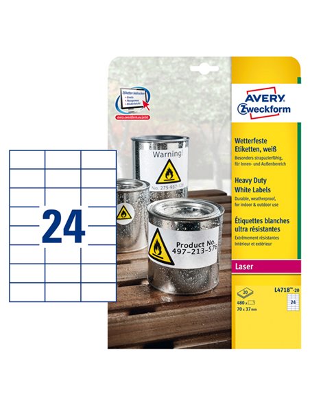 Poliestere adesivo L4718 bianco 20fg A4 70x37mm (24et/fg) laser Avery L4718-20 AVERY ETICHETTE POLIESTERE COPY-LASER-INKJET