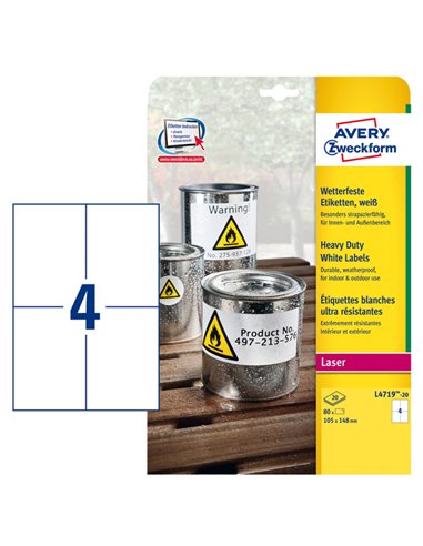 Poliestere adesivo L4719 bianco 20fg A4 105x148mm (4et/fg) laser Avery L4719-20