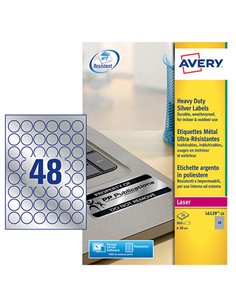 Poliestere adesivo L6129 argento 20fg A4 Ø 30mm(48et/fg) laser Avery L6129-20 AVERY ETICHETTE POLIESTERE COPY-LASER-INKJET