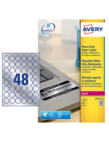 Poliestere adesivo L6129 argento 20fg A4 Ø 30mm(48et/fg) laser Avery L6129-20 AVERY ETICHETTE POLIESTERE COPY-LASER-INKJET