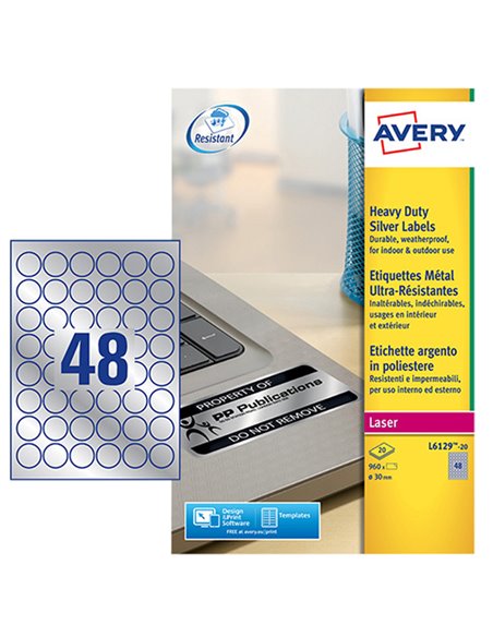 Poliestere adesivo L6129 argento 20fg A4 Ø 30mm(48et/fg) laser Avery L6129-20 AVERY ETICHETTE POLIESTERE COPY-LASER-INKJET