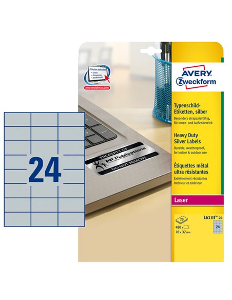 Poliestere adesivo L6133 argento 20fg A4 70x37mm (24et/fg) laser Avery L6133-20 AVERY ETICHETTE POLIESTERE COPY-LASER-INKJET