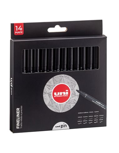 Astuccio Pin fineliner nero 14 gradazioni assortiti Uni Mitsubishi M 84007168 UNI MITSUBISHI FINELINER