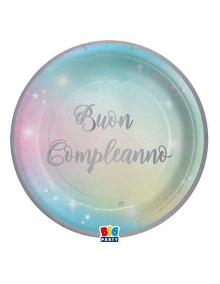 8 piatti Ø24cm Buon Compleanno Soft Rainbow Big Party 74291