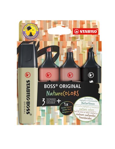 Astuccio 4 evidenziatori Stabilo Boss NatureColors (oliva/cacao/siena/nero) 70/4-2-3