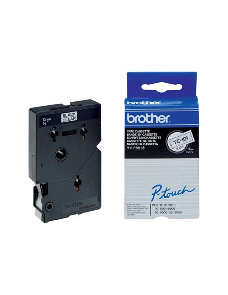 NASTRI SERIE TC DA 12 MM - COLORE NASTRO: TRASPARENTE - COLORE SCRITTA: NERO TC101 BROTHER ETICHETTE-NASTRI-TAMPONI PER ETICH...